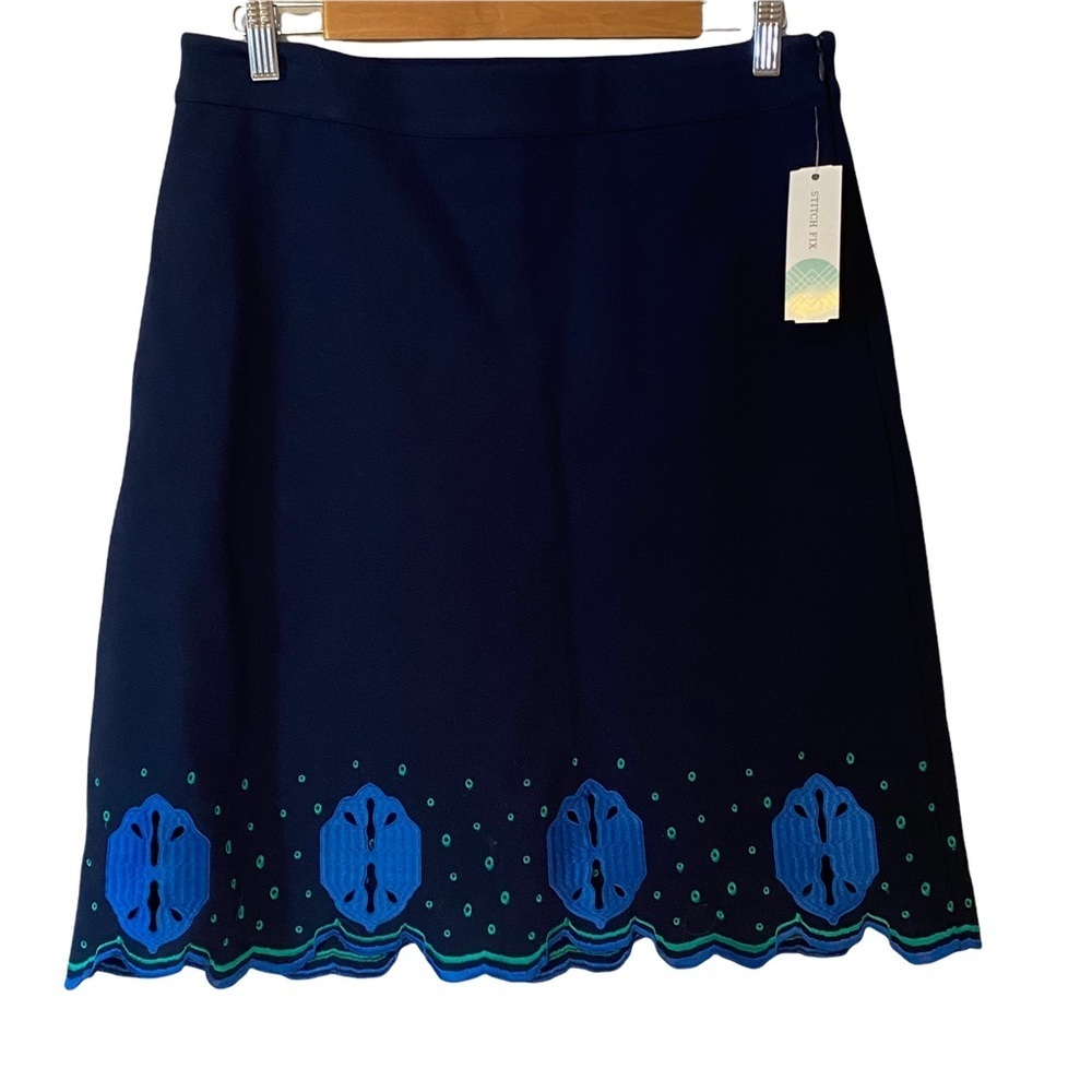 41 Hawthorn Paloma Navy Embroidered Scalloped Hem Knit Skirt Coastal Chic M NWT